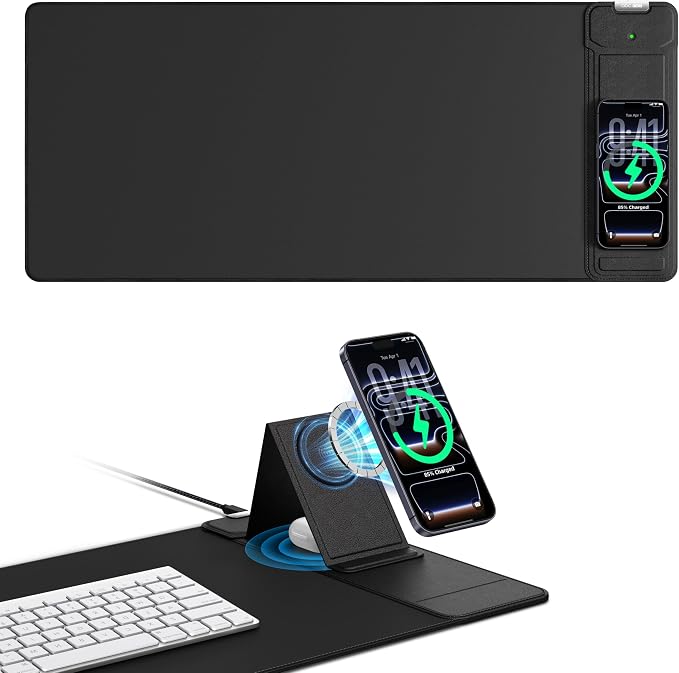 Mouse Pad with Magnetic Wireless Charging & Adjustable Phone Stand | 27.5"x11.8" Computer Keyboard Pad Mat with Anti-Slip Base & Stitched Edge, Easy Gliding, Spill-Resistant Surface, Black