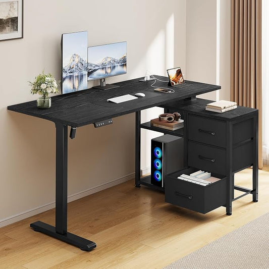 47 Inch L Shaped Desk with 3 Drawers Electric Standing Desks with Storage Computer Table Adjustable Height with Power Outlets 4 Memory Presets for Home Office, Black | with Storage Computer Table Adjustable Height with Power Outlets 4 Memory Presets fo...
