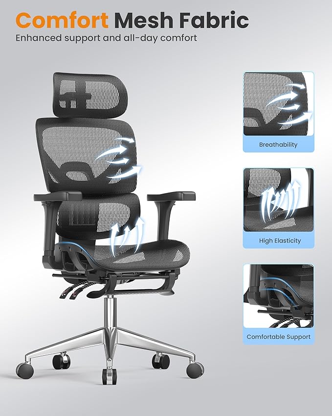 naspaluro Ergonomic Office Chair High Back for Home, Work and Gaming Black | Mesh Desk Chair with Adjustable Lumbar Support, 3D Headrest and Armrests, Footrest, Swivel Computer Chair 350lbs Capacity