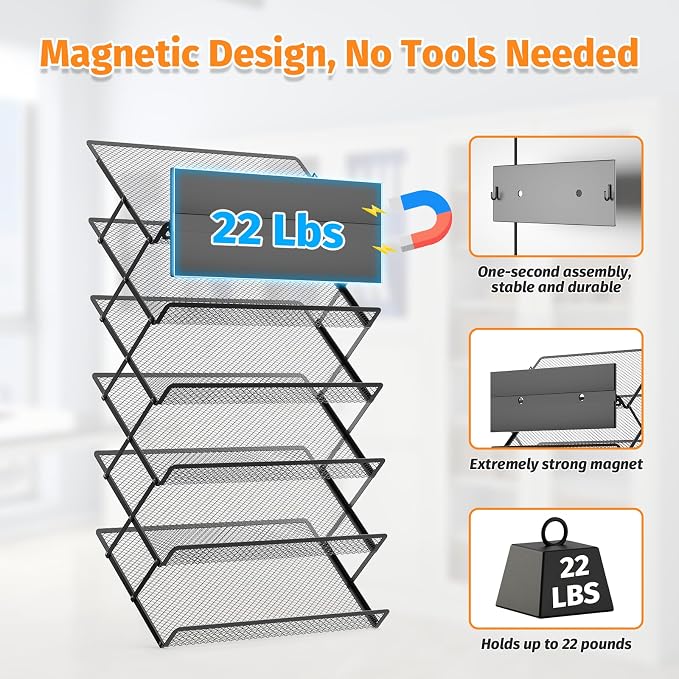 Magnetic File Holder, 6-Tier Foldable No Drilling Magnetic File Folder Holder, Space-Saving Black Magnetic Hanging File Organizer for Whiteboard, File Cabinets, Refrigerator, Office, Kitchen