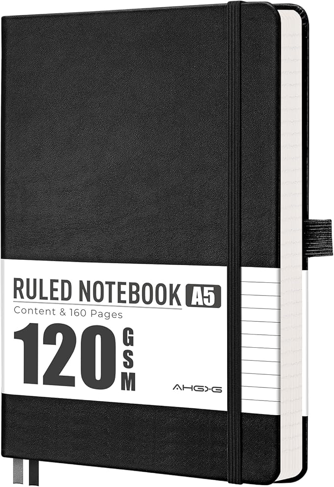 AHGXG Lined Journal Notebook, 160 Numbered Pages, A5 Medium Size (5.7'' x 8.3''), 120 GSM Thick Paper, for Men & Women, Journaling, Writing, Work & Office, Leather Hardcove (Black)