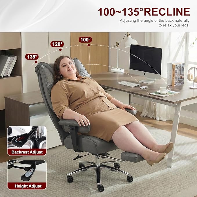 Big and Tall Office Chair 400lbs Wide Seat, Leather High Back Executive Office Chair with Foot Rest, Ergonomic Chairs Lumbar Support for Lower Back Pain Relief (Grey)