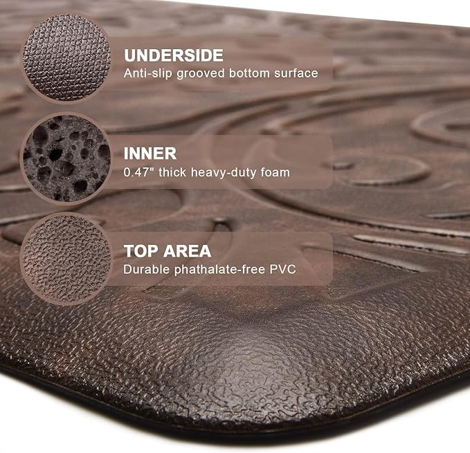 KMAT 2PCS Kitchen Mat Cushioned Anti-Fatigue Floor Mat,Waterproof Non-Slip Standing Mat,Ergonomic Comfort Floor Mat Rug for Home,Office,Sink,Laundry,Desk(17.3"x28"+17.3"x28",Brown)