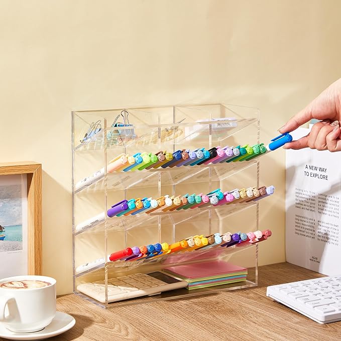 MotiMind Acrylic Pen Organizer Storage for 150 Markers Vertical Marker Organizer Acrylic Pen Display Holder for Office Desk Desktop Stationery Pencil Storage, Clear, 10.2 x 4 x 9.8 Inch