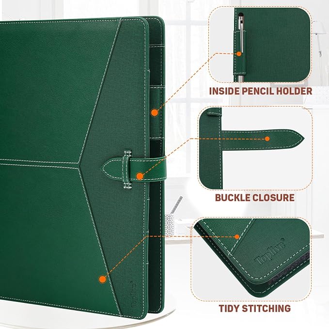 Toplive Padfolio 3 Ring Binder Organizer Business Portfolio Folder for Women, A4/ Letter Size PU Leather Portfolio Padfolio for Interview Conference Presentation, Dark Green