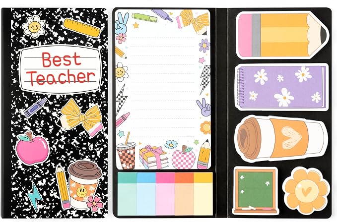 B1ykin Sticky Notes Set - Best Teacher Self-Stick Notes Pad, 550 Sheets Writing Memo Pages Sticky Notepad for Teacher Appreciation Gifts, School Office Supplies (Black Composition Line Teacher)