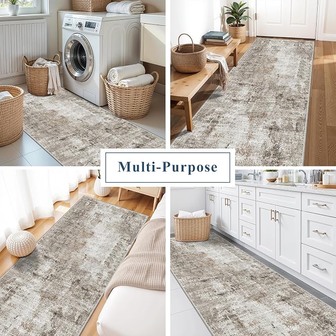 Washable Non Slip Runner Rug 3x8 – Hallway Runner Rug & Kitchen Carpet Runner – Modern Abstract Neutral Low Pile Area Rug for Entryway Bathroom Bedroom (Beige Grey)