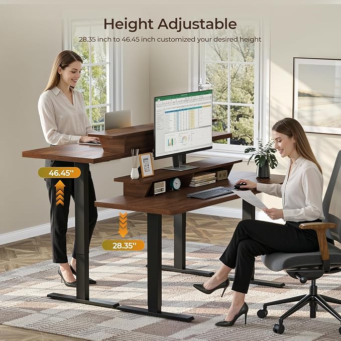 55 x 24 Inches Electric Standing Up Desk with Monitor Shelves,Height Adjustable Computer Desk from 28-46''with Memory Controller,Modern Home Office Desk for Work,Study,Walnut