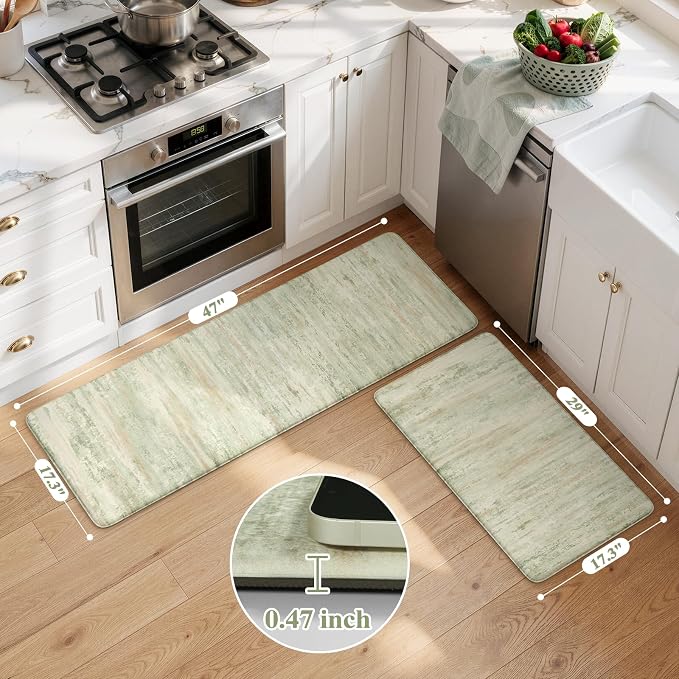 KIMODE Kitchen Mats for Floor, Light Green Aabstract Kitchen Rugs Sets of 2 | Anti Fatigue Mats for Kitchen Floor, Cushioned Kitchen Floor Mats,Comfort Bathroom Rugs for Sink Laundry Room 17"x47"+17"x29"