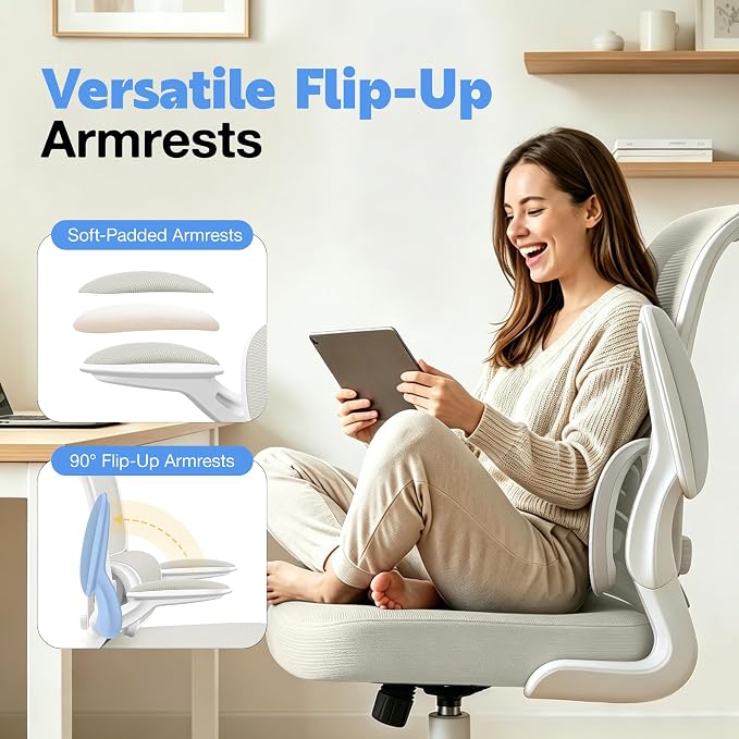 ALLGOD Ergonomic Office Chair, Breathable Mesh Ergonomic Desk Chair with Adjustable Lumbar Support, Flip-up Armrests, Computer Chairs Comfortable for Home, Office, Work, 300lbs, White, Upgrade
