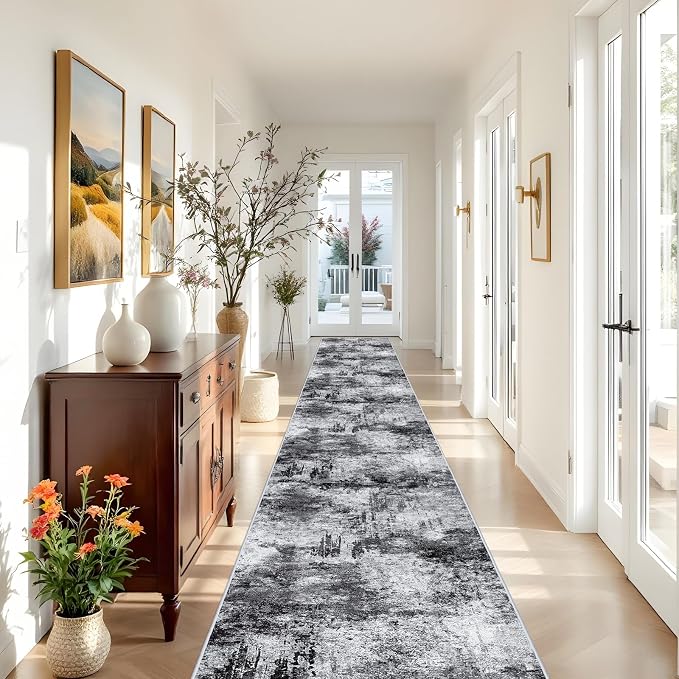 RUUGME Washable Hallway Rug 3x20 - Runner Rug Stain Resistant for Living Room Non Slip Indoor Entryway Rubber Backing Carpet Bedroom Kitchen Distressed Floor Decor Mat Machine Washable 3x20 Black A