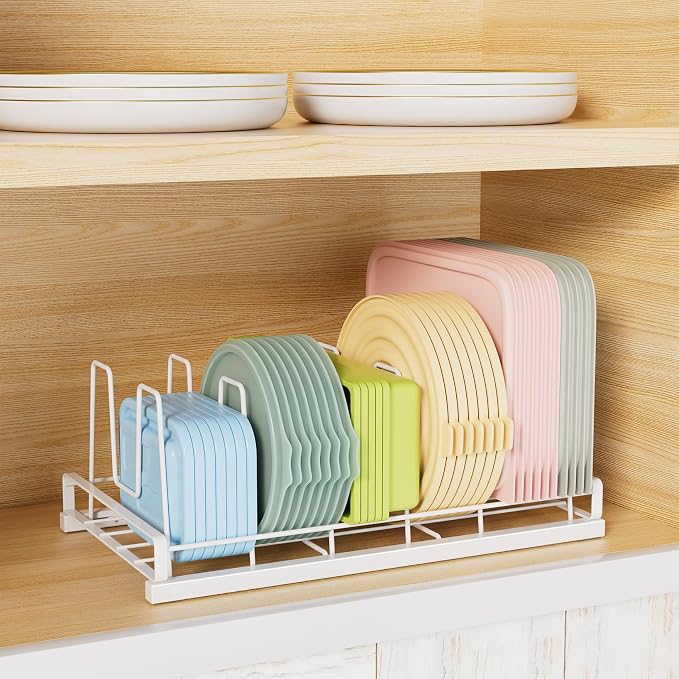Food Container Lid Organizer Rack with Adjustable 6 Dividers, White | Full-Metal Pot and Pan Organizer Holder for Home Kitchen Cabinets, Drawers, Countertop, Cupboards, Pantry Shelves Storage