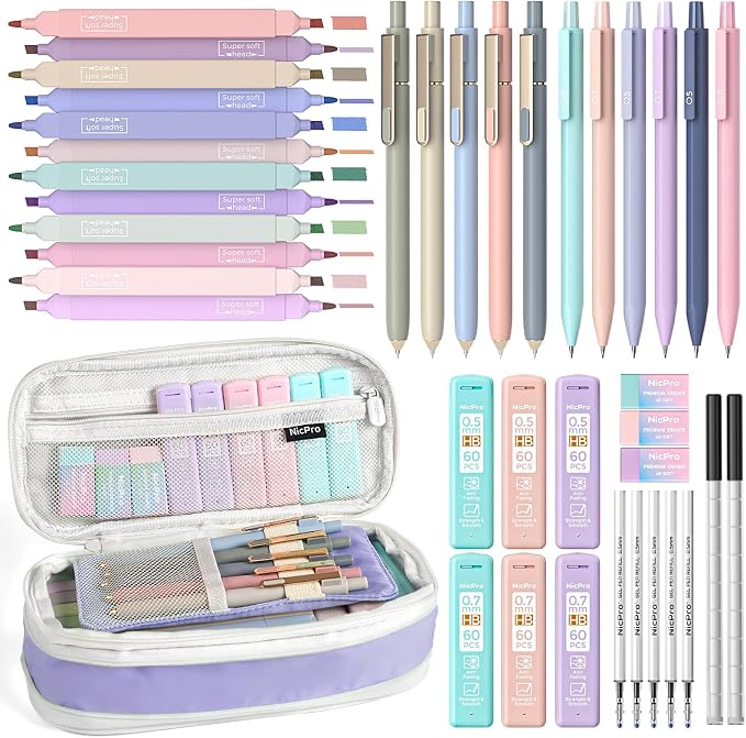 Nicpro 39 PCS Aesthetic School Supplies with Cute Purple Pencil Case, 12 Pastel Highlighters, 5 Quick Dry Black Ink Pens, 6 Mechanical Pencil 0.5 & 0.7mm for Girl Student Stationary College Essentials
