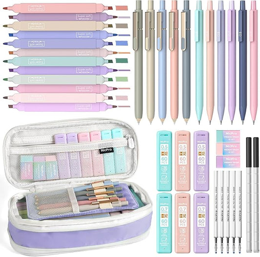 Nicpro 39 PCS Aesthetic School Supplies with Cute Purple Pencil Case, 12 Pastel Highlighters, 5 Quick Dry Black Ink Pens, 6 Mechanical Pencil 0.5 & 0.7mm for Girl Student Stationary College Essentials