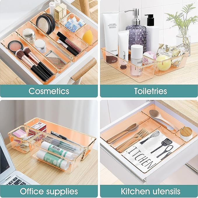 WOWBOX 25 PCS Plastic Drawer Organizer Set, 4 Sizes Desk Drawer Divider Organizers and Storage Bins for Makeup, Jewelry, Gadgets for Kitchen, Bedroom, Bathroom, Office, Clear Orange