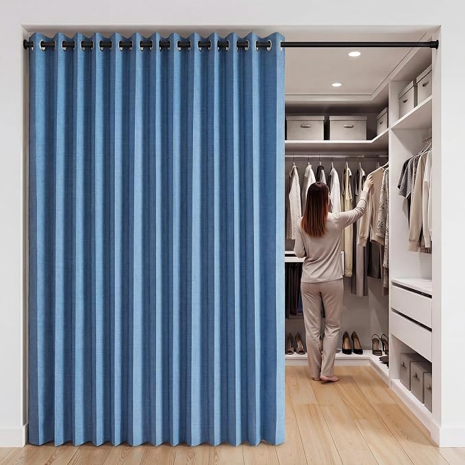 RYB HOME Accordion Style Room Divider Curtain-100% Blackout Folding Accordion Curtain for Sliding Glass Door/Bedroom, Privacy Assurd Living Room/Office Drape 1 Panel with Tieback, W100 x L108, Blue