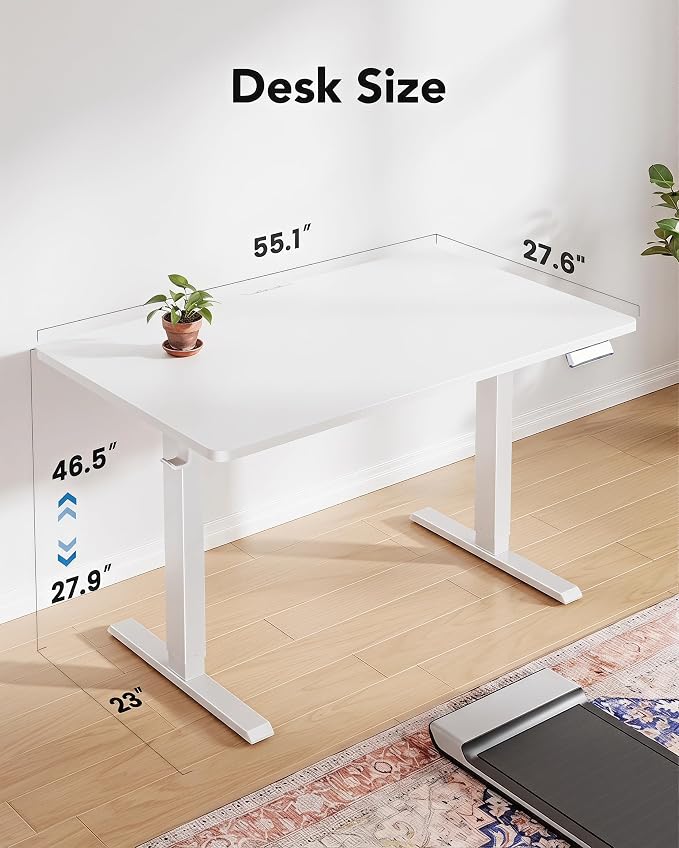 HUANUO 55 x 28 Inch Electric Standing Desk, Height Adjustable Computer Gaming Desk with 4 Memory Presets, Home Office Sit Stand Desk with Hooks & Cable Management, White