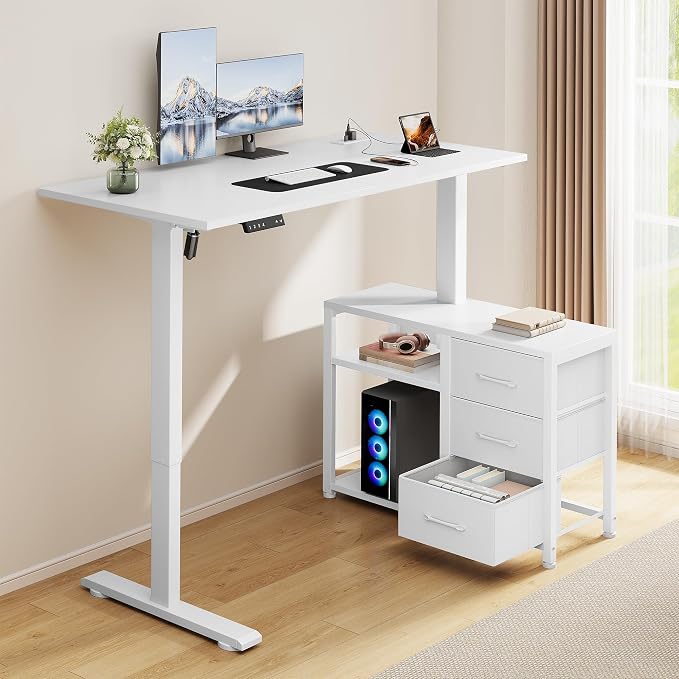 47 Inch L Shaped Desk with 3 Drawers Electric Standing Desks with Storage Computer Table Adjustable Height with Power Outlets 4 Memory Presets for Home Office, White | with Storage Computer Table Adjustable Height with Power Outlets 4 Memory Presets fo...