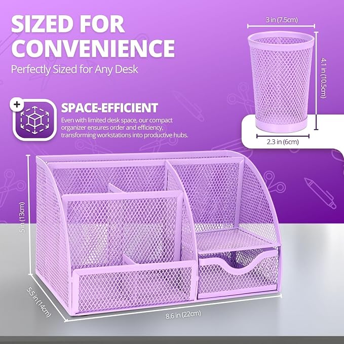 Flexzion Desk Caddy Organizer Set (Purple) - Metal Mesh Desktop Caddy with Drawers, 6 Compartments, and Pencil Holder for Women & Men - Desktop Organizer and Storage for Work or Office Supplies | Compact Desktop Caddy with Separate Pen Holder; 8.7 X 5....