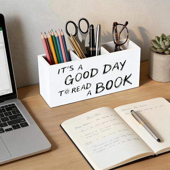 Bookmark Wooden Pen Holder for Desk, Bookish Bookworm Librarian Gifts, It's a Good Day to Read a Book Pencil Organizer Wooden Box Sign for Reading Room Library Classroom Decoration