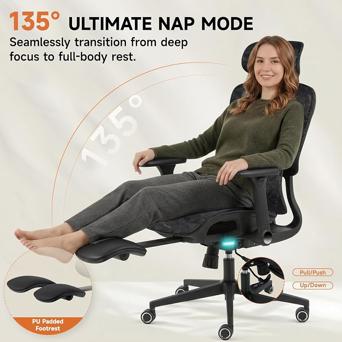 Korser Ergonomic Mesh Office Chair with Footrest, Big and Tall Desk Chair with 4D Flip-Up Arms, Auto-Tracking Lumbar Support, 3D Headrest, High Back Computer Gaming Chair for Home Office, Black