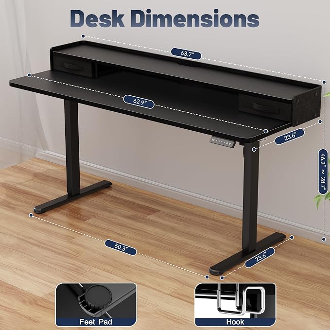 YESHOMY 63" x 23" Electric Standing Desk with 2 Drawers, Height Adjustable Computer Desk, Low Noise Home Office Stand Up Desk with 2 Preset Heights & 2 Hooks, Black