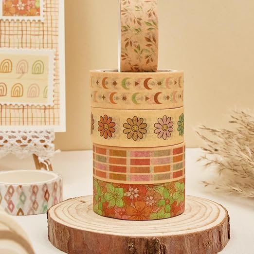 Boho Washi Tape Set 10 Rolls Cute Masking Graphic Floral Pattern Decorative Tapes for Arts, DIY Crafts, Journals, Planners, Scrapbook, Wrapping (Colors)
