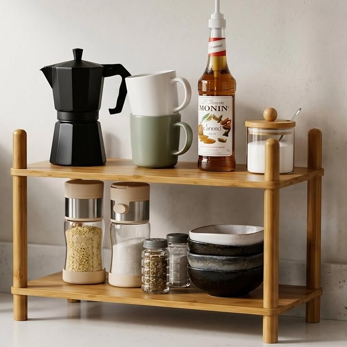 2-Tier Bamboo Coffee Bar Organizer,Coffee Bar Accessories, Mul-tifunctional Wooden Beaded Coffee Station Countertop Stand Shelf for Kitchen Home Office,Counter Riser Display Shelf for Top of Desk Home