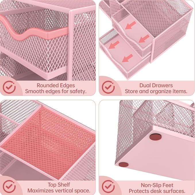 Mesh Desk Organizer, Pen Organizer with 2 Drawers and 5 Compartments, Versatile Pen Holder for Small Space, Desk Organizers and Accessories for School Office Supplies, Pink