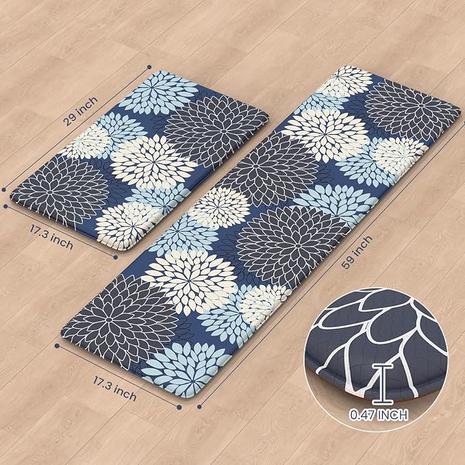 KIMODE Anti Fatigue Kitchen Mats for Floor Cushioned Kitchen Rugs Sets of 2 | 17"x59"+17"x29",Floral,Blue,Non-slip,Waterproof,Kitchen Runner Rug,Comfort Foam Paded Mat for Floors Office Laundry Sink