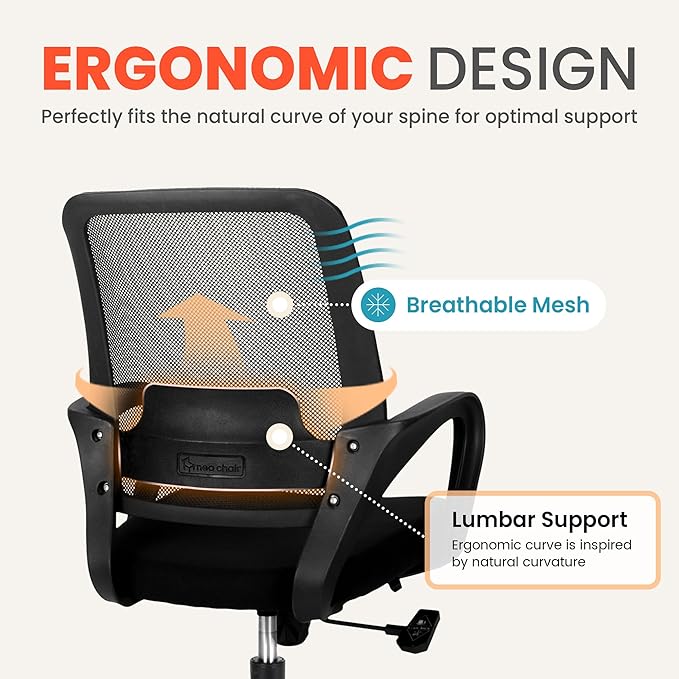NEO Chair Office Desk Ergonomic Computer Mesh Chair with Lumbar Mid Back Support Adjustable Height Swivel Rolling Wheels Comfy Task Vanity Chair for Home Bedroom Study (All Black)