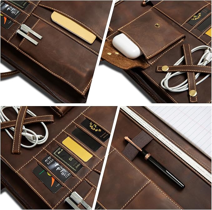 Genuine Leather Portfolio, Padfolio Organizer with Handle, Personalized Padfolios，Padfolios with Zipper for Men Women，Suitable for 15-inch Laptop Legal Pad Padfolio, Dark Khaki