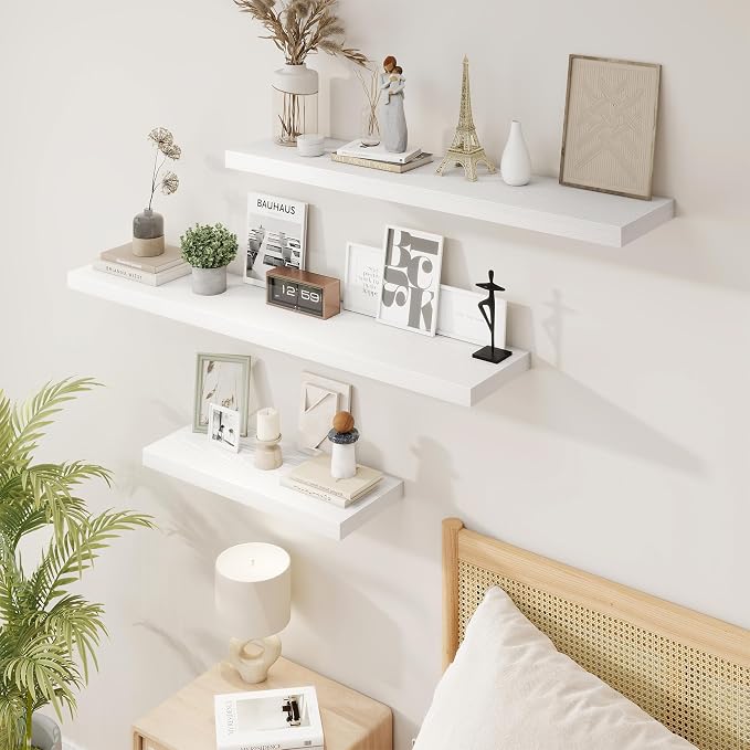 24in Floating Shelves for Wall, 24"W x 9.25"D x 1.25"H, 2 Pack Long Wall Mounted Engineered Wood Shelves with Invisible Brackets for Living Room, Bedroom, Bathroom, Kitchen Decor and Storage, White