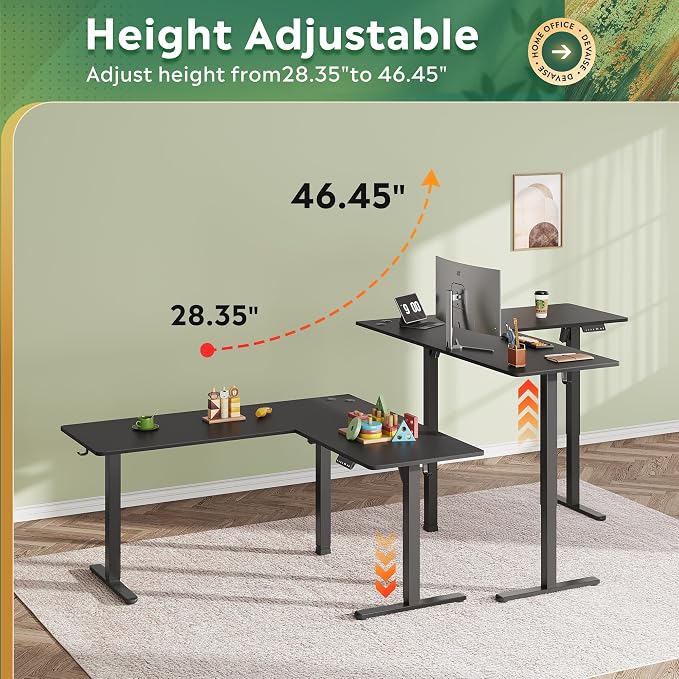 DEVAISE 63 Inch Standing Desk, L Shaped, Ergonomic Computer Desk, Black | LED Touchscreen, Headphone Hook, 3 Memory Preset, Home Office