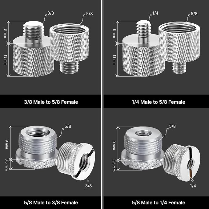 IXTECH Mic Stand Adapter Set 8 pieces Metal Microphone Stand Screw Thread Adapter 5/8 Female to 3/8 Male 3/8 Female to 5/8 Male 5/8 Female to 1/4 Male 1/4 Female to 5/8 Male Tripod Adapter ADP01A Slvr
