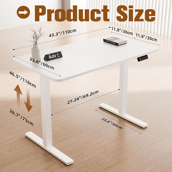 43"x24" Standing Desk,Height Adjustable Sit-Stand Desk Home Office, White | Electric Adjustable Standing Desk, Sit to Stand Computer Office Desk with Splice Board, Memory Preset, Lifts 28.7''-46.5"