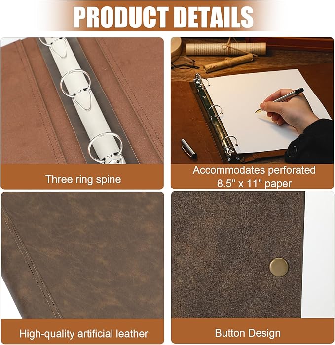 Teling 1 Pcs Leather 3 Ring Binder Holds 8.5 x 11 Inch Paper Binder Organizer Vintage Faux Leather Portfolio Folder Planner for Office Home Document Photo Diary Supplies (Vintage Brown)