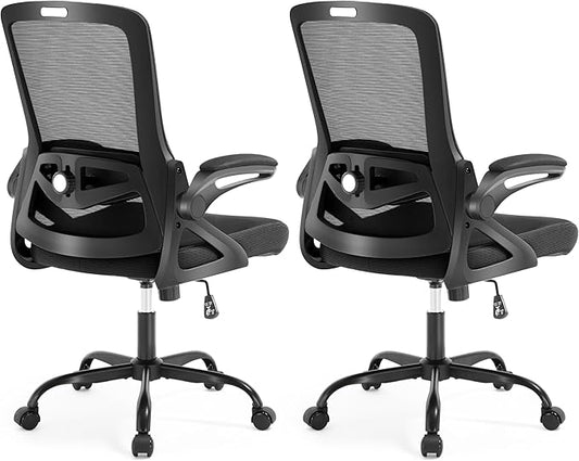 Ergonomic Office Chair, Desk Chair with Adjustable Lumbar Support, Breathable Mesh Comfy Computer Chairs with Flip-up Armrests Executive Task Chair for Adults Home Office (2Pcs)