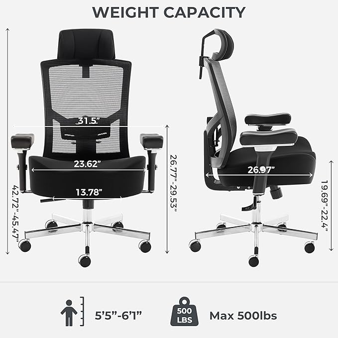 Big and Tall Office Chair 700lbs with Ergonomic W Wide Thick Seat Cushion, Oversized Mesh Desk Chair with Adjustable Lumbar for Heavy People, Computer Chair with 4D Armrest Headrest