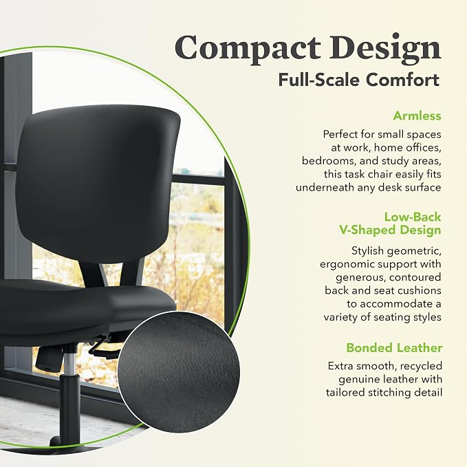 HON Volt Ergonomic Office Chair with Bonded Leather Seat and Back, Armless Desk and Computer Chair with Adjustable Center‑Tilt Recline and Wheels for Home Office or Workstation, Black