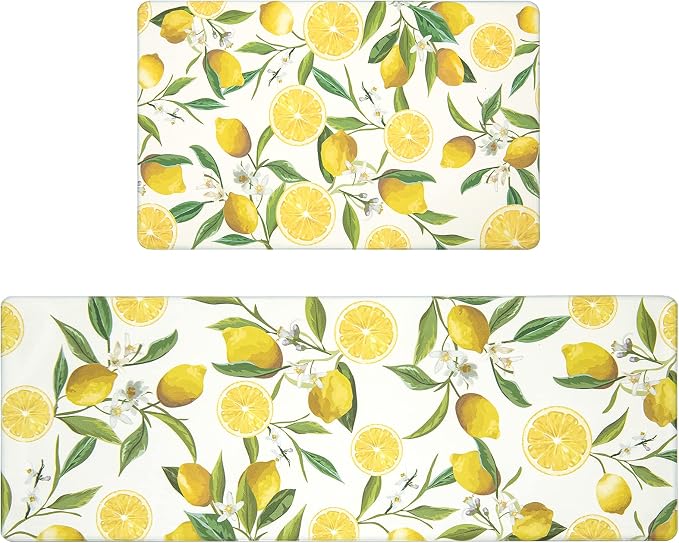 SHACOS Anti Fatigue Lemon Kitchen Rugs Mats Set of 2 Pieces Non Slip Soft Cushioned Wipeable Kitchen Mats for Floor Standing Mats, 17"x27.5"+17"x47", White
