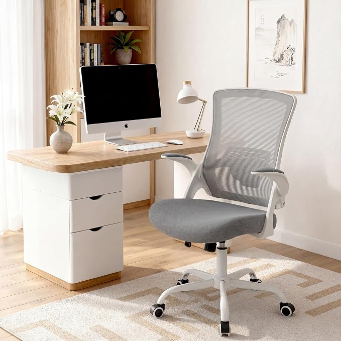 NEO Chair Office Chair High Back Desk Mesh Chair Comfy Computer Gaming Seat with Adjustable Ergonomic Lumbar Rolling Flip-up Armrests and Wheels (Grey)