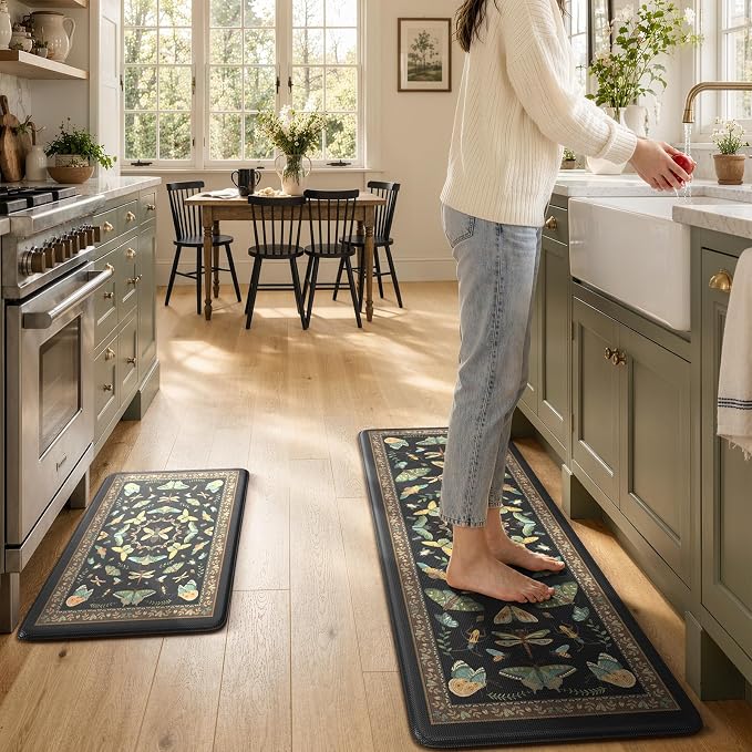 KIMODE Kitchen Mats for Floor 2 Piece Cushioned Anti Fatigue Kitchen Rugs | 17 x29+17"x47", Black,Vintage Butterfly,Non Slip Waterproof,Memory Foam,Standing Mats,for Laundry Sink Office Home Decor