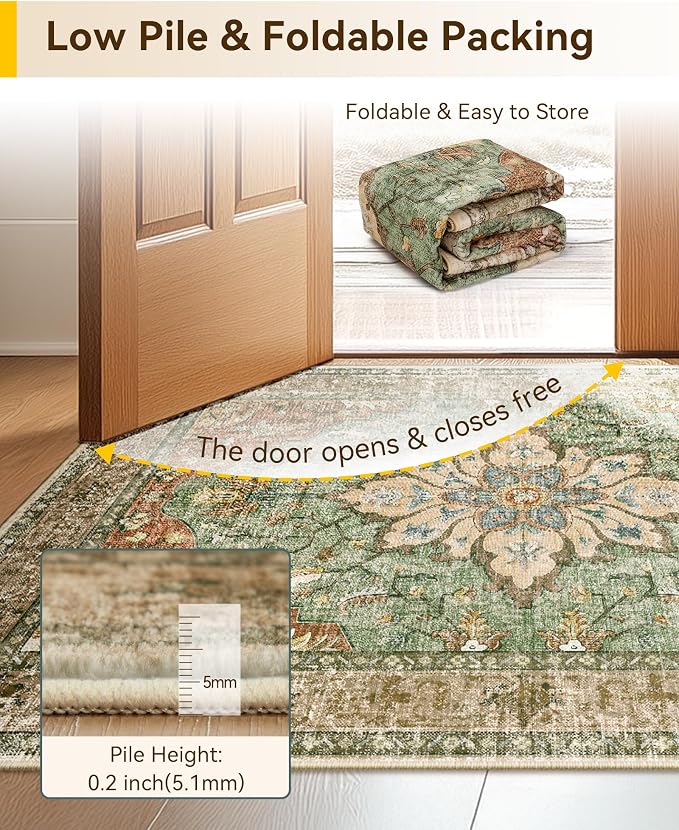 RELEANY Area Rugs 4'x5' Washable Non-Slip, Floral Vintage Distress Medallion Carpet for Living Room Bedroom Dining Room, Terracotta Burnt Orange Green