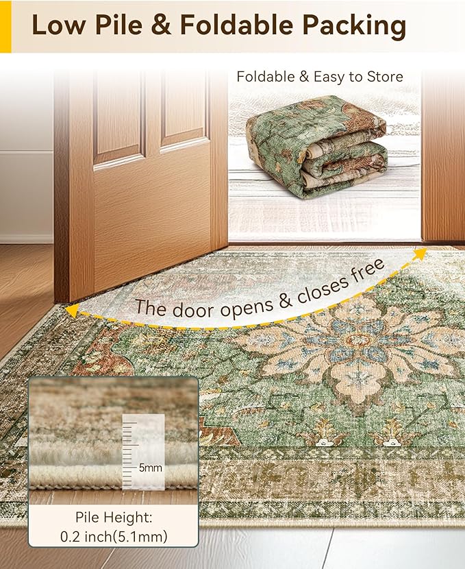 RELEANY Area Rugs Runner 2'x10' Washable Non-Slip, Floral Vintage Distress Medallion Carpet for Kitchen Hallway Bedroom Beside Laundry Room Bathroom, Terracotta Burnt Orange Green