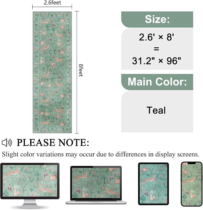 DUKINO 2.6x8 Rug for Hallway, Washable Kitchen Runner Rug with Non Slip Backing, Soft Low Pile Vintage Animal Runner for Bedroom, Kitchen, Hallway, Entryway, Laundry, Teal