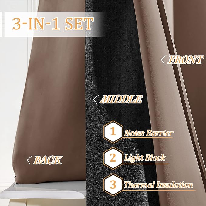 RYB HOME 3-in-1 Soundproof - Blackout - Thermal Insulation Living Room Divider Curtains, Large Bay Window Curtains for Bedroom Theatre Office Backdrop, Mocha, W 52 x L 102 inches, 2 Panels