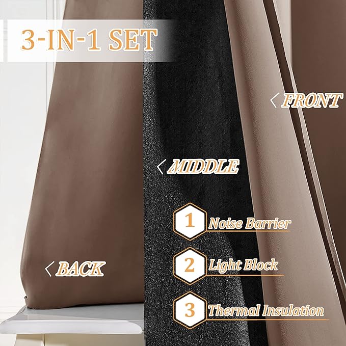 RYB HOME 3-in-1 Soundproof - Blackout - Thermal Insulation Living Room Divider Curtains, Large Bay Window Curtains for Bedroom Theatre Office Backdrop, Mocha, W 62 x L 84 inches, 2 Panels