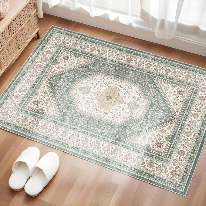Puino Washable Entryway 2x3 Rug: Small Boho Rugs for Indoor Entrance Non Slip Backing Stain Resistant Carpet Low Pile Throw Rugs for Bedroom Bedside Inside Front Door Floor Kitchen Decor(Green,2x3FT)