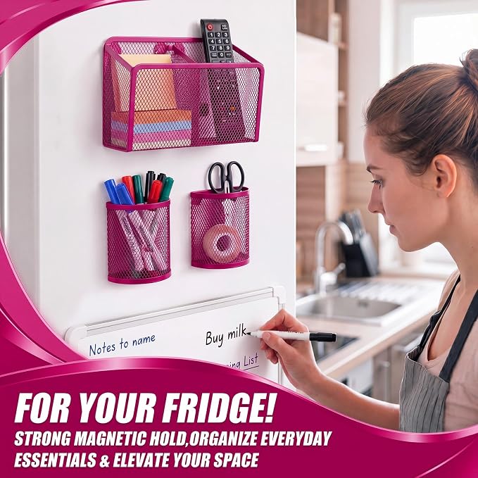 Marspark 3 Pcs Magnetic Pen Holder Set Metal Pencil Holder with Strong Magnets Wire Mesh Storage Basket Organizer for Locker Accessories Whiteboard Refrigerator School Office Dorm(Pink)